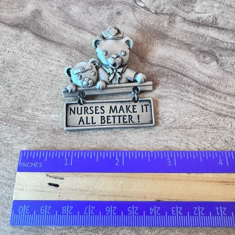 Signed JJ Vintage Teddy Bear Nurse Silver/Pewter Tone Brooch Pin Jonette Jewelry